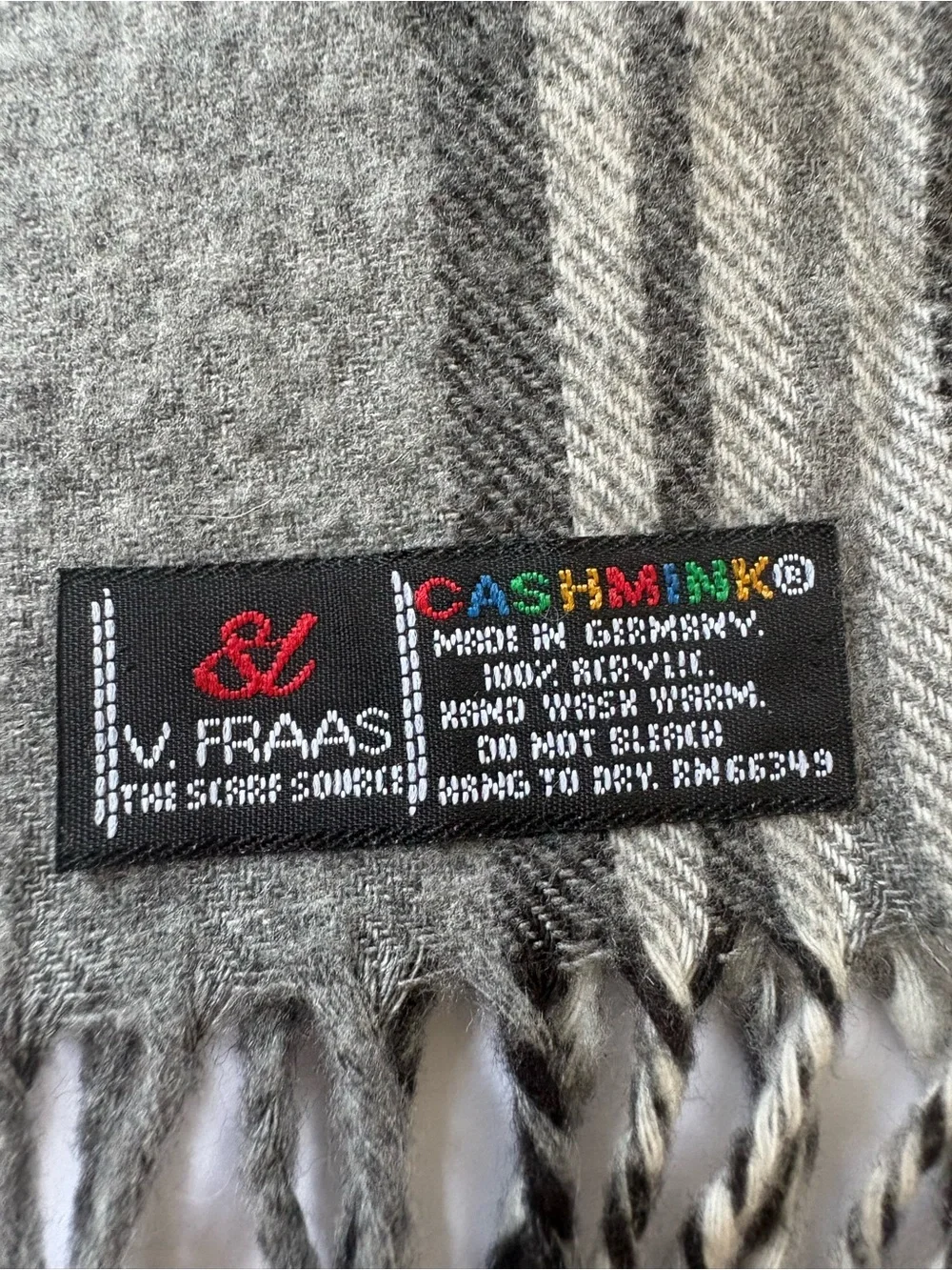V Fraas Cashmink Plaid Scarf Gray Red Black Fringe Nova Check Germany Soft Vegan
